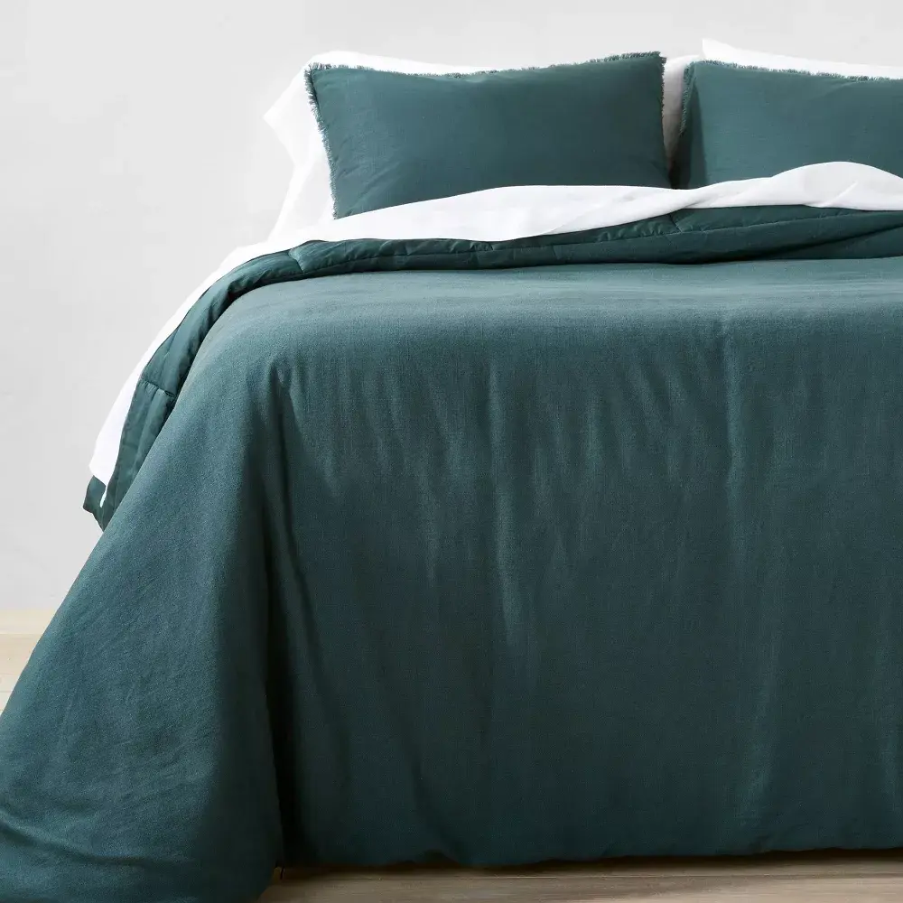 Casaluna Full/Queen Heavyweight Linen Blend Bedding Set - Dark Teal Blue, Woven Rayon, OEKO-TEX Certified Queen Comforter & Sham Set, Bedding Sets, Queen Comforter Set