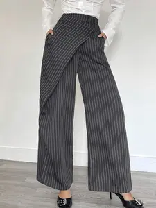 Women's Deep Striped Wide Leg Casual High Waisted High Rise Waist Pants, Cross Design High Waist Drape Style, Office Commute Ladies' Elegance Suit Pants Womenswear, Casual Textured Trousers