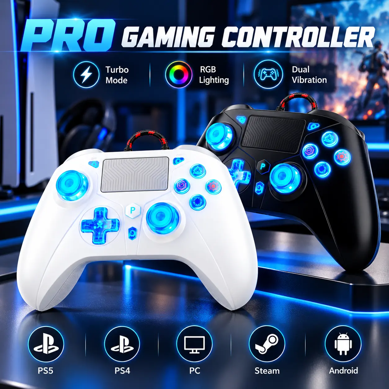 Wireless Wired Game Controller for PS5 Slim Pro PC Steam Phone RGB Turbo Dual Vibration 6 Axis Motion Touchpad 1000mAh Battery RH518-F