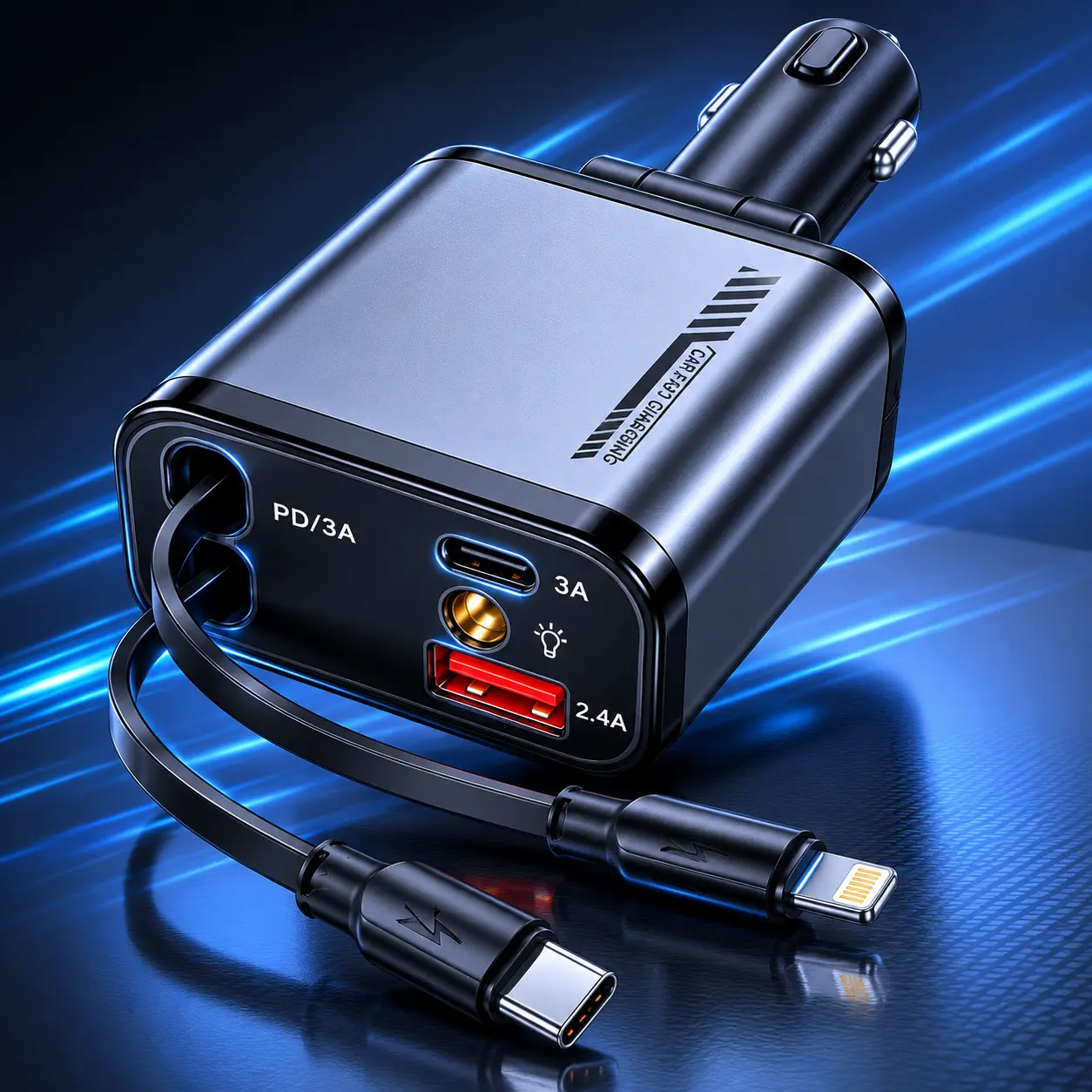 4-in-1 Retractable Car Charger with Built-In USB-C & Lightning-Compatible Cables, 4-Device Charging, Starry Sky Light, 12V-24V,Fast Charge Car Charger with Dual Ports