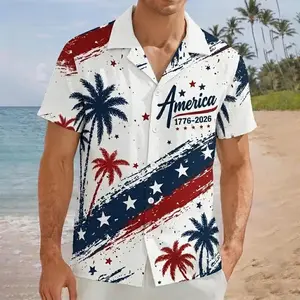 1776-2026 Patriotic Palm Tree Hawaiian Shirt, USA 250th Anniversary Tropical Short Sleeve Shirt, Summer Aloha Button Down Shirt, Gift for Him or Her