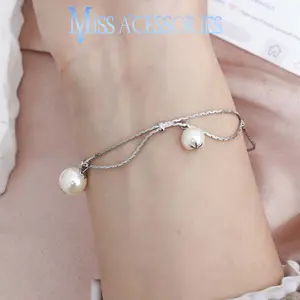 Double Layer Pearl Drop Hand Bracelet | Trendy Floating Pearl Bracelet | Sparkly Silver Chain Statement  | Y2K Dainty Minimalist Jewelry for Women | Elegant Simulated Pearl Layered Hand Bracelet | Luxury Floating Pearl Statement Hand Bracelet
