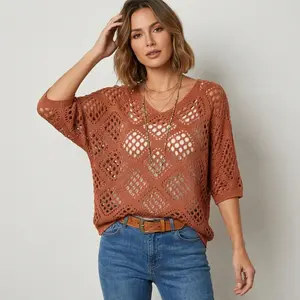 Women's Plus Size Boho Crochet V-Neck Hoodie - Loose Batwing Sleeve Knitwear, Lightweight Hollow-Out Casual Beach Outfits, Bohemian Casual Women's Pullovers, Crochet-Knitted Boho Pullovers, Boho Women's Pullovers