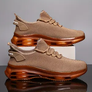 Men's Breathable Knit Running Sneakers - Light Brown Casual Lace-Up Shoes with Air Cushion, Non-Slip Rubber Sole, Comfort Insole, All-Season Wear, Fabric Upper, Low-Top Design