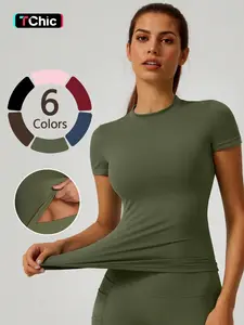 Women's Pure Color Sporty Short Sleeve Yoga Fitness T-Shirt, Comfortable Breathable Casual Basic Top, Versatile Sports Wear, Athletic Top, Active Top, Gym Top