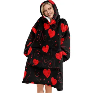 hoodie blanket，Wearable Blanket，Hooded Blanket, Wearable Blanket with Heart Print, Soft Flannel Blanket, Sofa Cover, Home Leisure, Air Conditioning Blanket, Camping Travel Gift，Christmas Gift,Valentine's Day gift, Cozy Hooded Blanket