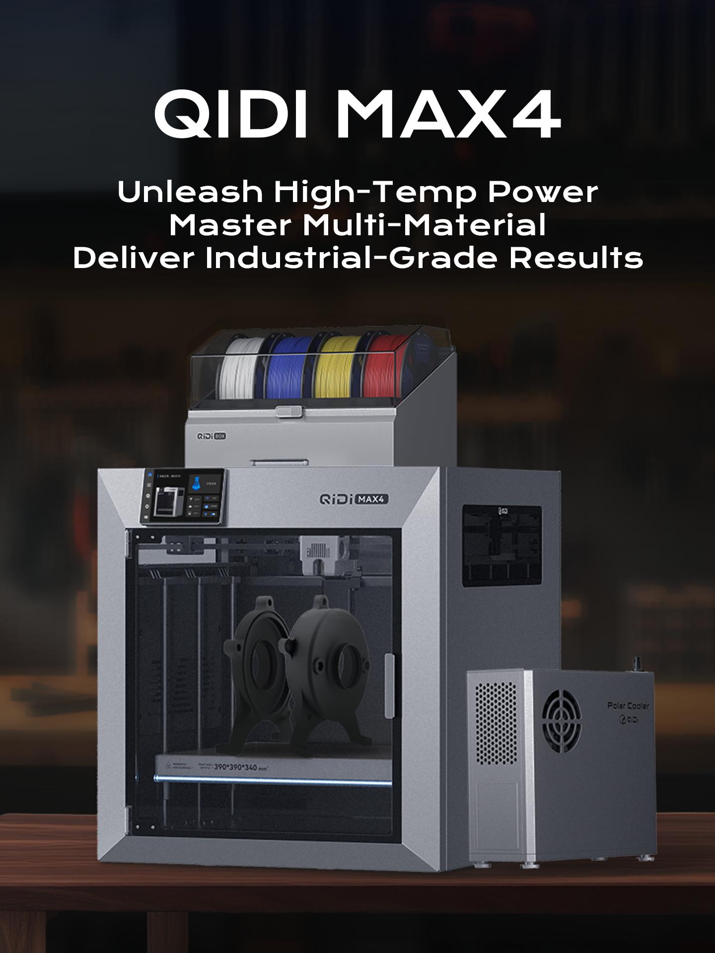 QIDI Max4 3D Printer, 390×390×340mm Build Volume, 65℃ Heated Chamber, 370℃ Nozzle, Dual Z Lead Screws, Max 800mm/s High Speed, Auto-leveling, AI camera, Polar Cooler Optional, Multi-materials