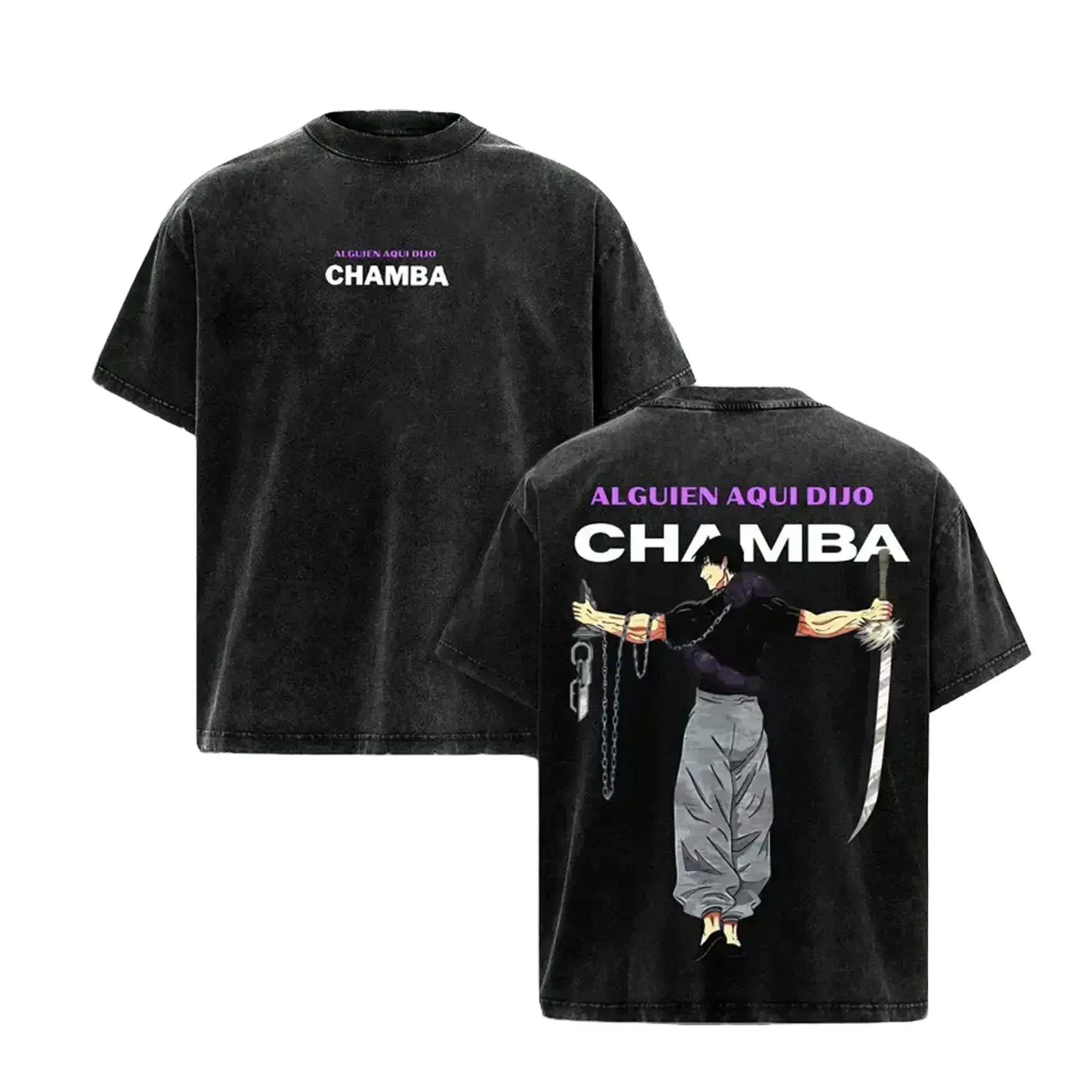 Unisex Toji Fushiguro Anime All Over Print T-Shirt - Alguien Aqui Dijo Chamba Vintage Acid Wash Loose-Fitting Tee, Premium Heavyweight Cotton All Seasons Fashion Streetwear, Retro Jujutsu Inspired Men's/Women's Top, Oversized, Washed, Ouble-Sided, Short,,