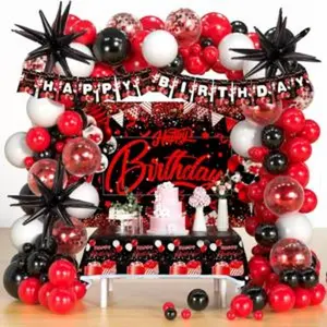 Red black and white balloon garland arch kit 120pcs red and black birthday decorations for men women boys girls with happy birthday backdrop banner tablecloth red confetti star ballons