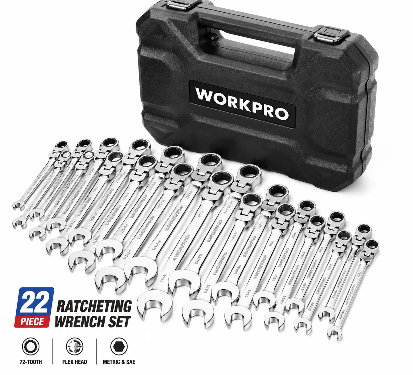 【WORKPRO】 22-Piece Swivel-Head Ratchet Wrench Set (SAE & Metric) – Includes 72-Tooth 180° Swivel-Head Wrenches and Storage Case; Made of CR-V Steel; Suitable for Professional Automotive Repair and DIY Projects.