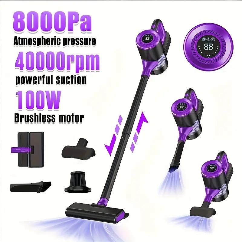 Wireless Handheld Vacuum Cleaner, 4-in-1 Lightweight Upright Vacuum with Strong Suction Power, Integrated Dusting and Mopping Machine, LED Brush Head, Anti-Tangle Hair, 2000mAh*3 Rechargeable Batteries - Suitable for Home, Car, Pet Hair - Purple