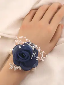Rose Korean Style Wrist Corsage, Silver Color Leaf Beaded, Crystal Pearl Accent, Bridal/wedding/party Accessory