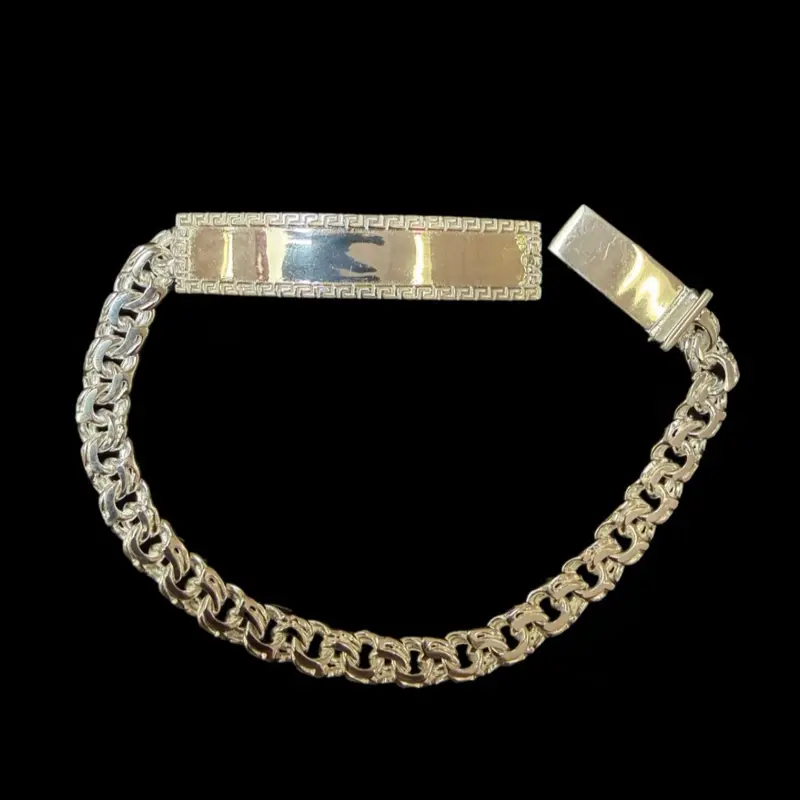 925 Silver Chino Style ID Bracelet, 7 mm, 25.3g, Adorned with Cubic Zircons, 3.1g Accent Weight, 3.1 Gram