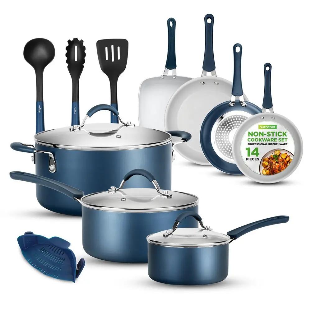 14-Piece Navy Blue Square Aluminium Cookware Set - Food-Grade Non-Stick Metal Pots, Pans, Fry Pans with Glass Lids, Silicone Ladle, Fork, Spatula, Strainer - Even Heat - Gas, Electric, Ceramic, Induction Compatible