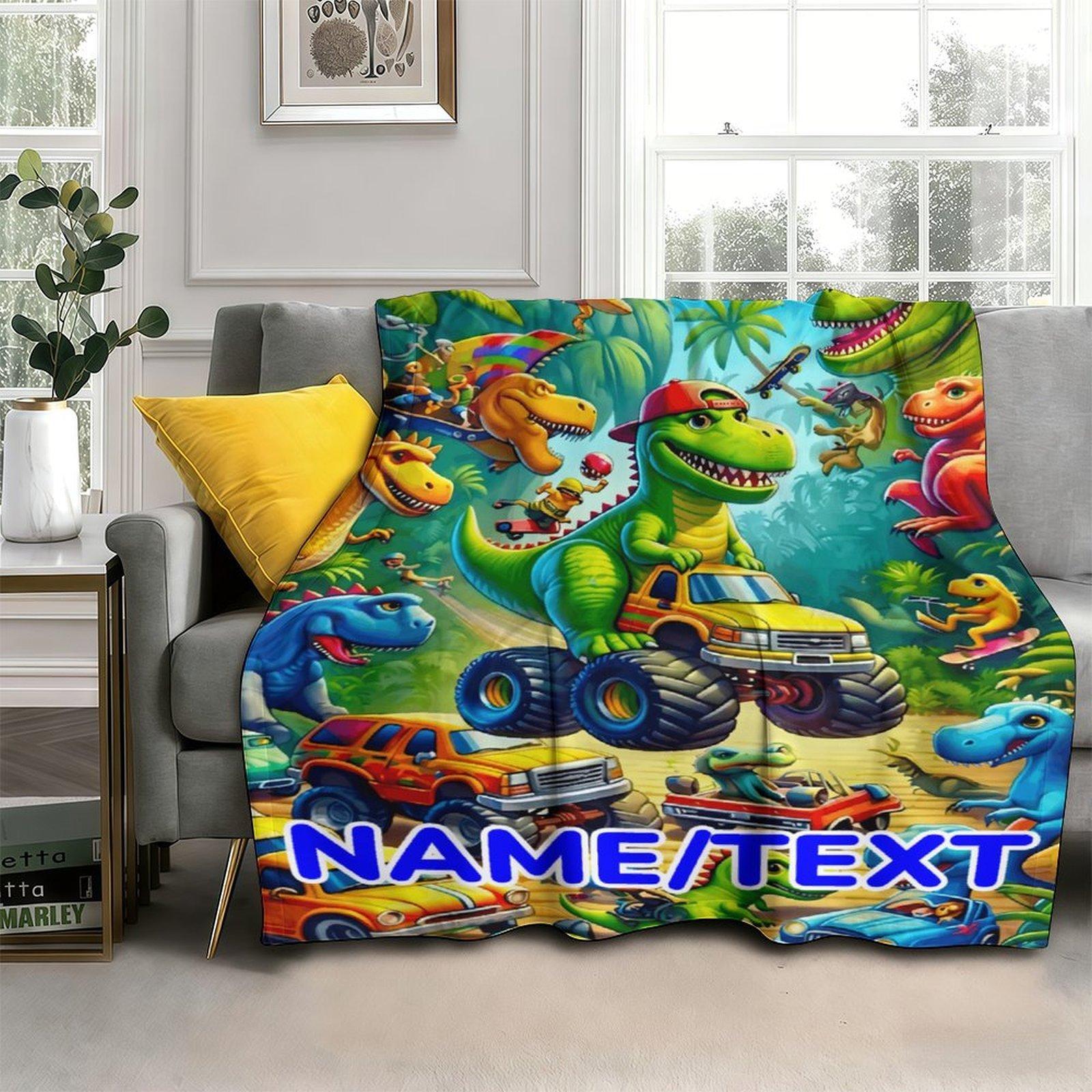 Custom Name Dinosaur & Car  Blanket ,Personalized Name Gift ,Suit for The Sofa, Bed, Travel, Camping, Living Room, Office, Chair，Gifts for Family or Child  ,Friend , Send your custom text via shop chat to personalize