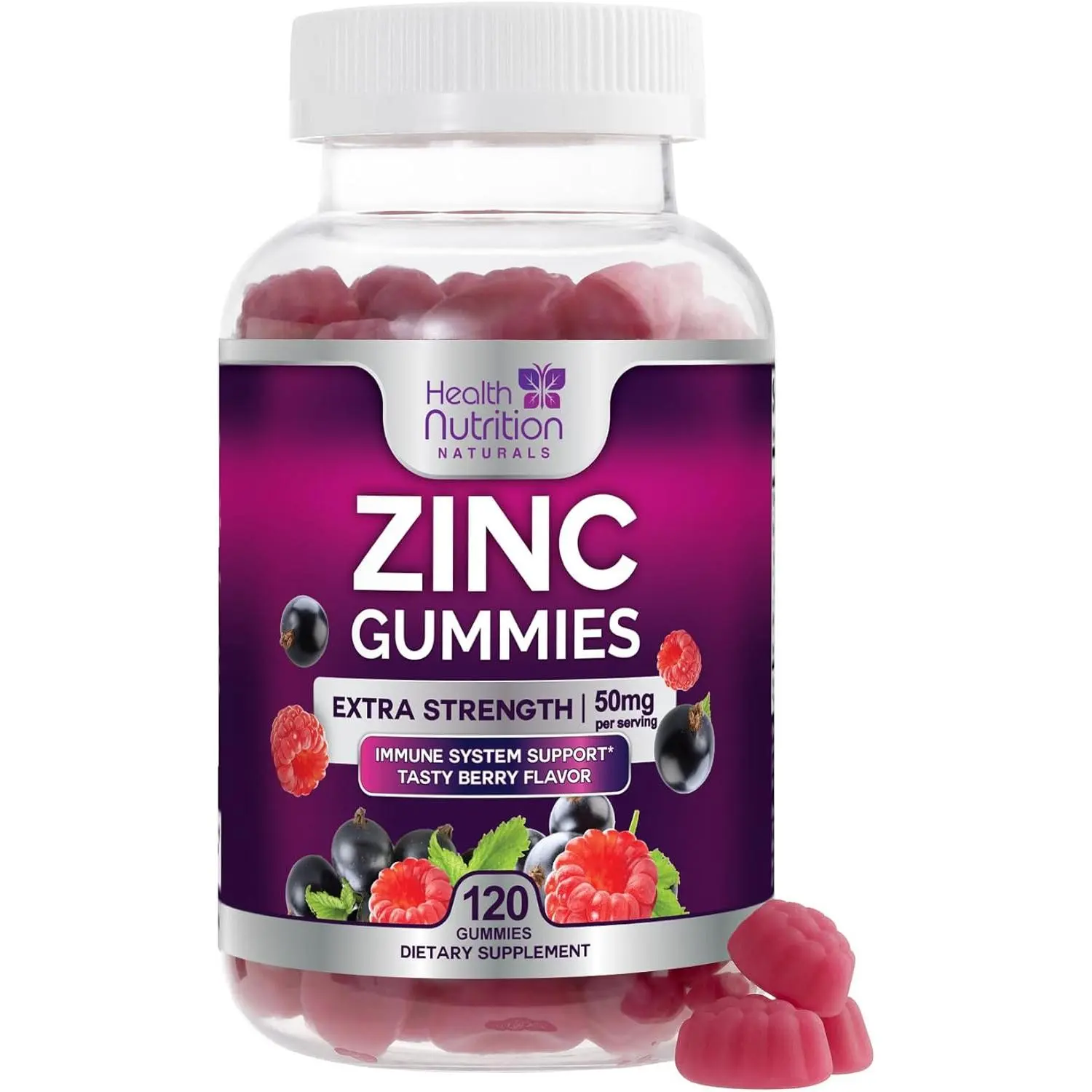 Zinc Gummies 50mg Per Serving Extra Strength Immune Support Antioxidant Gummy Non GMO Gluten Free Supplement for Skin Bone Heart Health Chewable Tasty Berry Flavor Premium Dietary Care Fast Acting Daily Vitality Wellness Formula