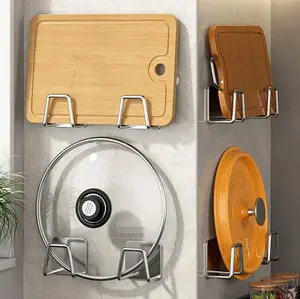 8PCS Wall Mounted Pot Lid Organizer & Cutting Board Rack - No Drilling Multifunctional Kitchen Storage Holder, Adhesive Cabinet Door & Under Cabinet Hanging Rack for Chopping Boards