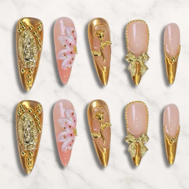 Lala’s Luxury Nailz Press on Nails with Floral Design Cateye Effect for Elegant Look Custom Crafted Handmade Set with Glue Tabs Mini File