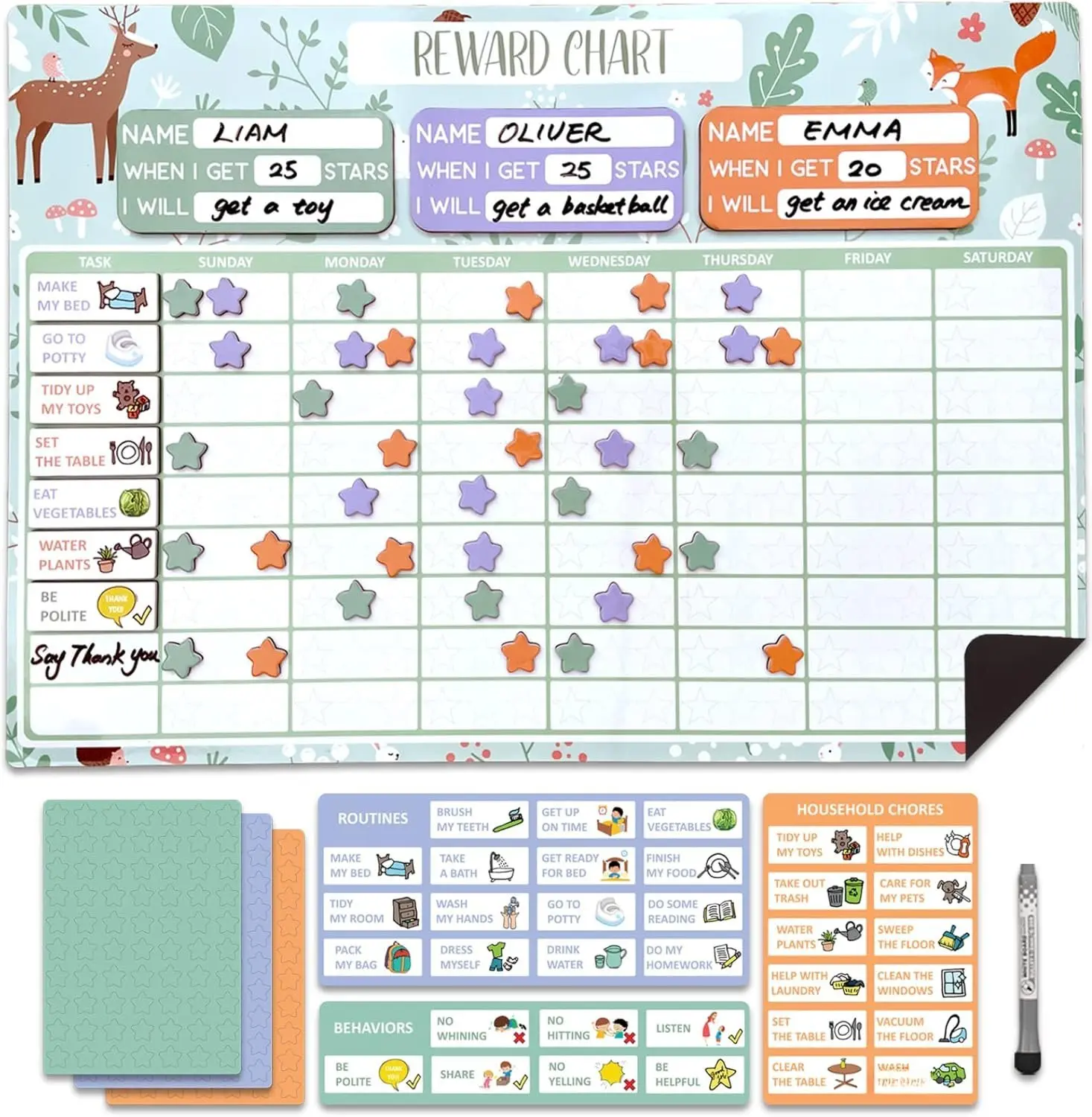 Reward Chart for Multiple  17 x 12 Inch Dry Erasable Chore Chart |  Responsibility Chart, Chore Chart, Behavior Chart, Chart for  | Large Size with White Board Marker