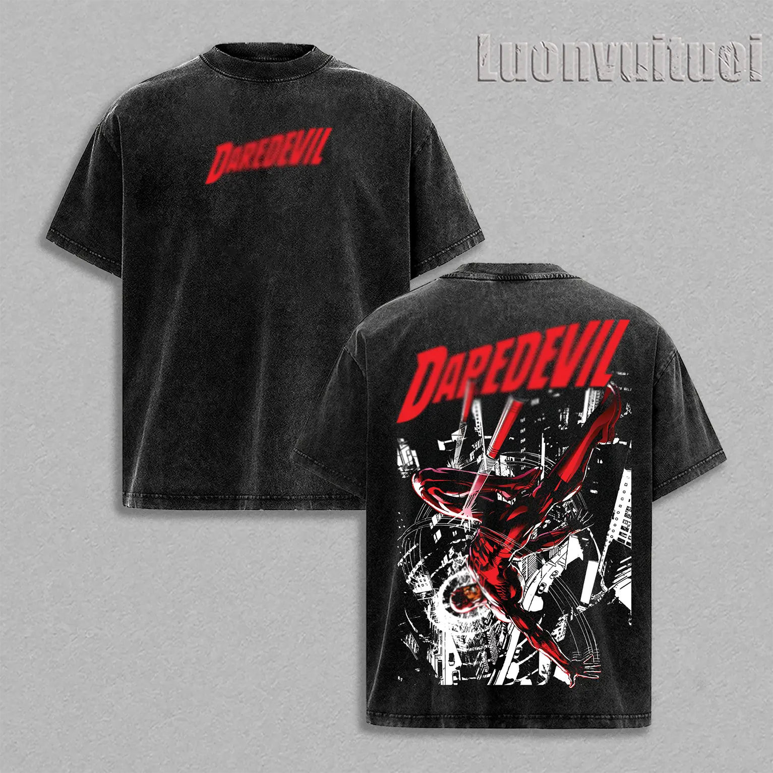 "Mat.t Murdock" Daredevil Devil of Hell’s Kitchen MCU Comics Edition Round Neck T-Shirt, Classic Apparel Clothes, Double-Printed Oversize Soft Lightweight Acid-Washed Cotton Streetwear Graphic Top