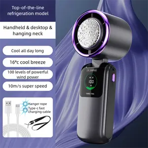 Portable Neck Cooling Fan with USB Digital Display, 100 Speed Levels 10m/s High Speed Strong Wind, 16°C Cold Air Cooling Fan, Foldable Handheld Desk Fan with Ice Cold Compress Function, Fast Charging Cable & Lanyard Included
