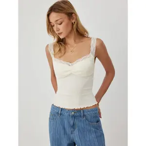 Cider Pointelle Scoop Neck Ruched Lace Trim Lettuce Hem Cami Top SummerWins