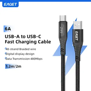 Eaget 1 Pack 66W Super Fast Charging Type-C Cable, Intelligent LED Digital Display Charging Cord, Heavy-Duty Nylon Braided Anti-Break Data Sync Cable, Universal for Mobile Phone Tablet Car Office