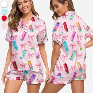 SFTQ Cute Alani Pajama Set – Coquette Bow Sleepwear, Energy Drink Inspired Satin Loungewear, Perfect Gift for Alani Nu Lovers