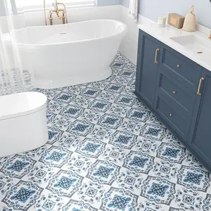 VEELIKE Blue Mediterranean Peel and Stick Vinyl Flooring Roll Waterproof Blue and White Moroccan Vinyl Floor Tiles 12'' x 59'' Self Adhesive Heavy Duty Linoleum Flooring Sheet for Kitchen Bathroom RV