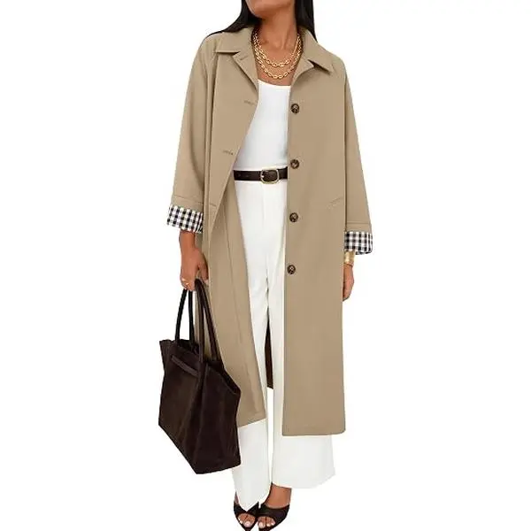 ZESICA Women's Oversized Single Breasted Lapel Windproof Trench Coat | Casual Long Sleeve Button Loose Overcoat, Plaid Lining, Daily Work Vacation Long Outerwear Jacket, Trendy Fall Winter Clothes