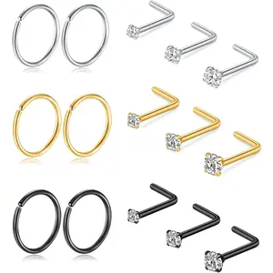 Titanium Nose Rings Hoops Studs 20G 15 count L Shaped Screw  1.5mm 2mm 2.5mm Cubic Zirconia Small  Black     for Women Men