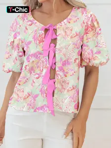 Summer Fashion Bow Front Floral Bubble Short Sleeve Shirt Top, Women's Casual Blouse, Cute and Stylish, Perfect for Daily Wear, Boho Floral Printed, Womenswear