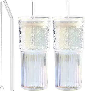 Glass Cups with Lids and Straws, 20 OZ Iced Coffee Glasses Tumblers for Ice Water, Juice, Tea, Milk, Smoothie and Cold or Hot Drinks, Set of 2