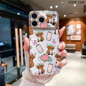 Case for iPhone 17 Pro Max Air 16 15  14 Plus 13 12 11 Lovely Scottish Highland cattle Pattern Luxury Golden Edge Elecroplated TPU Camera Lens Protection Mobile Phone Cover
