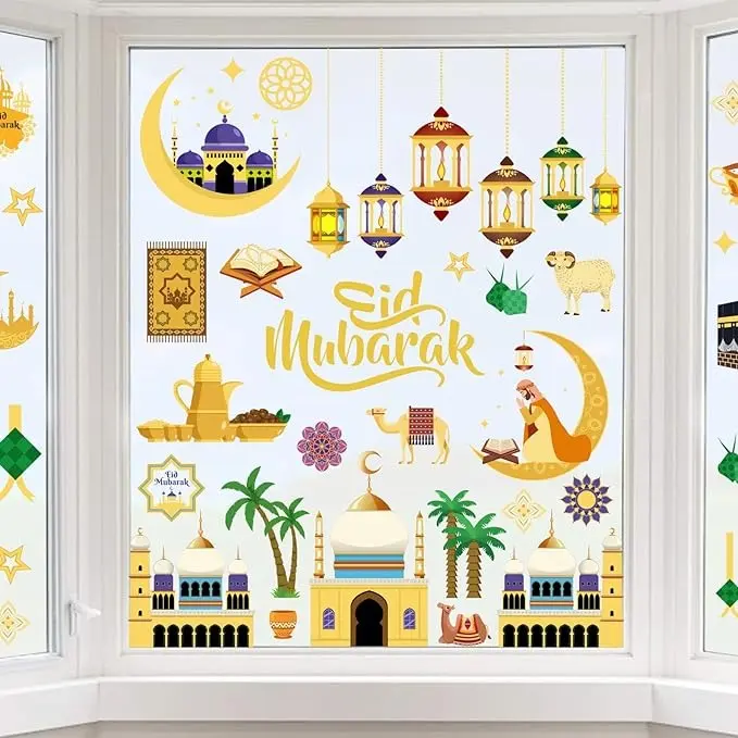 111Pcs Ramadan Window Clings Decorations, Double-Sided Eid Mubarak Window Stickers Muslim Ramadan Decoration Eid Al-fitr Window Decals for Ramadan Mubarak Party Home Window Glass Decor