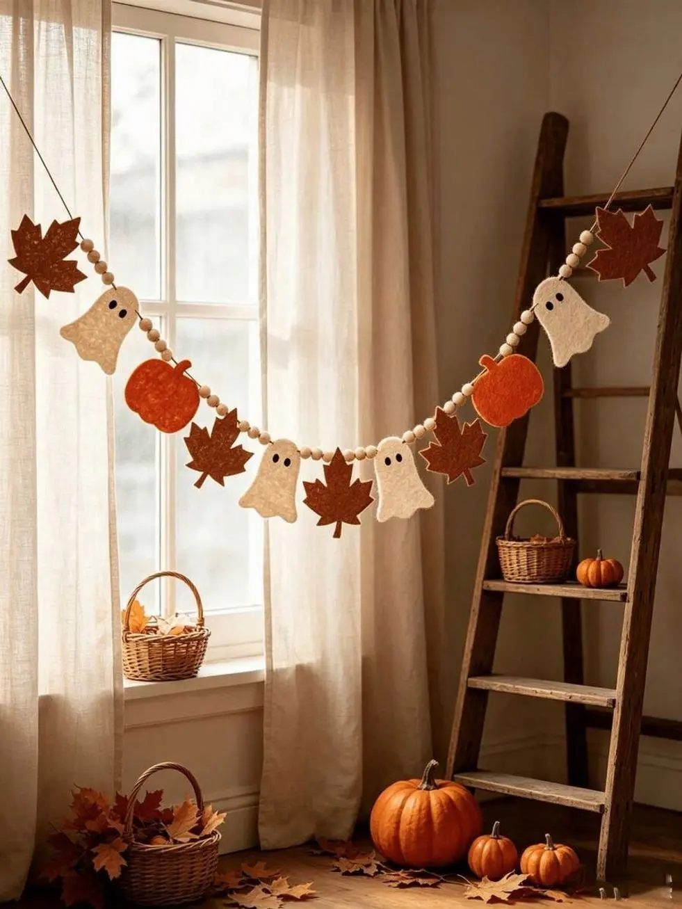Autumn Harvest Felt Wreath with Ghost, Pumpkin, and Maple Leaves – Seasonal Fall Wall Hanging Decor for Thanksgiving and Halloween Party