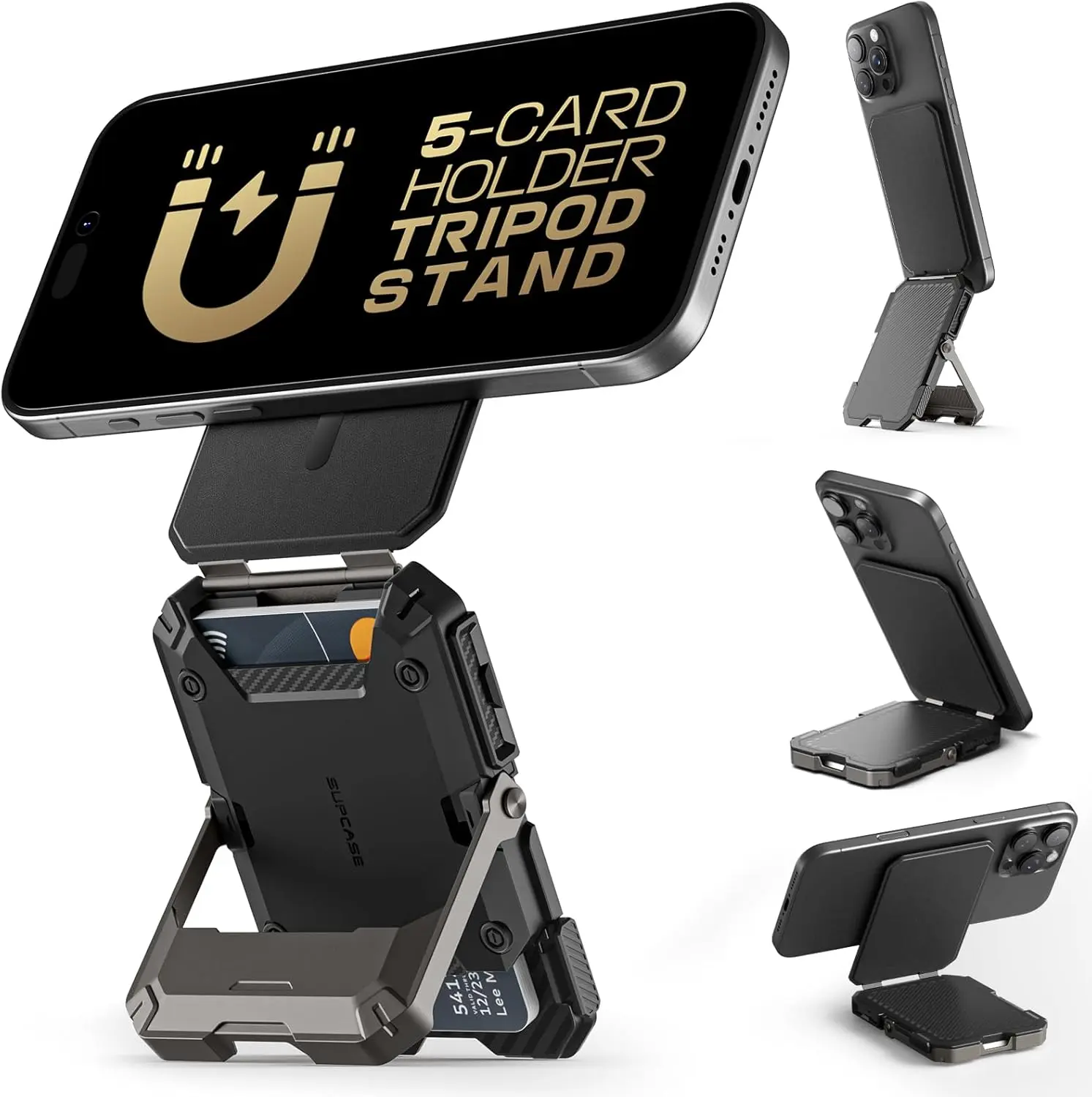 SUPCASE for Magsafe Wallet with Stand, Magnetic Wallet for Men, [Hold 5 Cards] [Adjustable Stand] [RFID Blocking] Phone Stand Credit Card Holder Tripod for Iphone 16/15/14/13/12 Series, Black SUPCASE