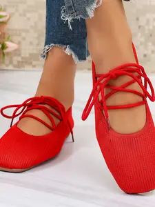 Women's Knit Cross Strap Ballet Shoes, 2026 Spring Summer New Square Toe Flat Mary Jane Sandals, Casual Comfortable Footwear