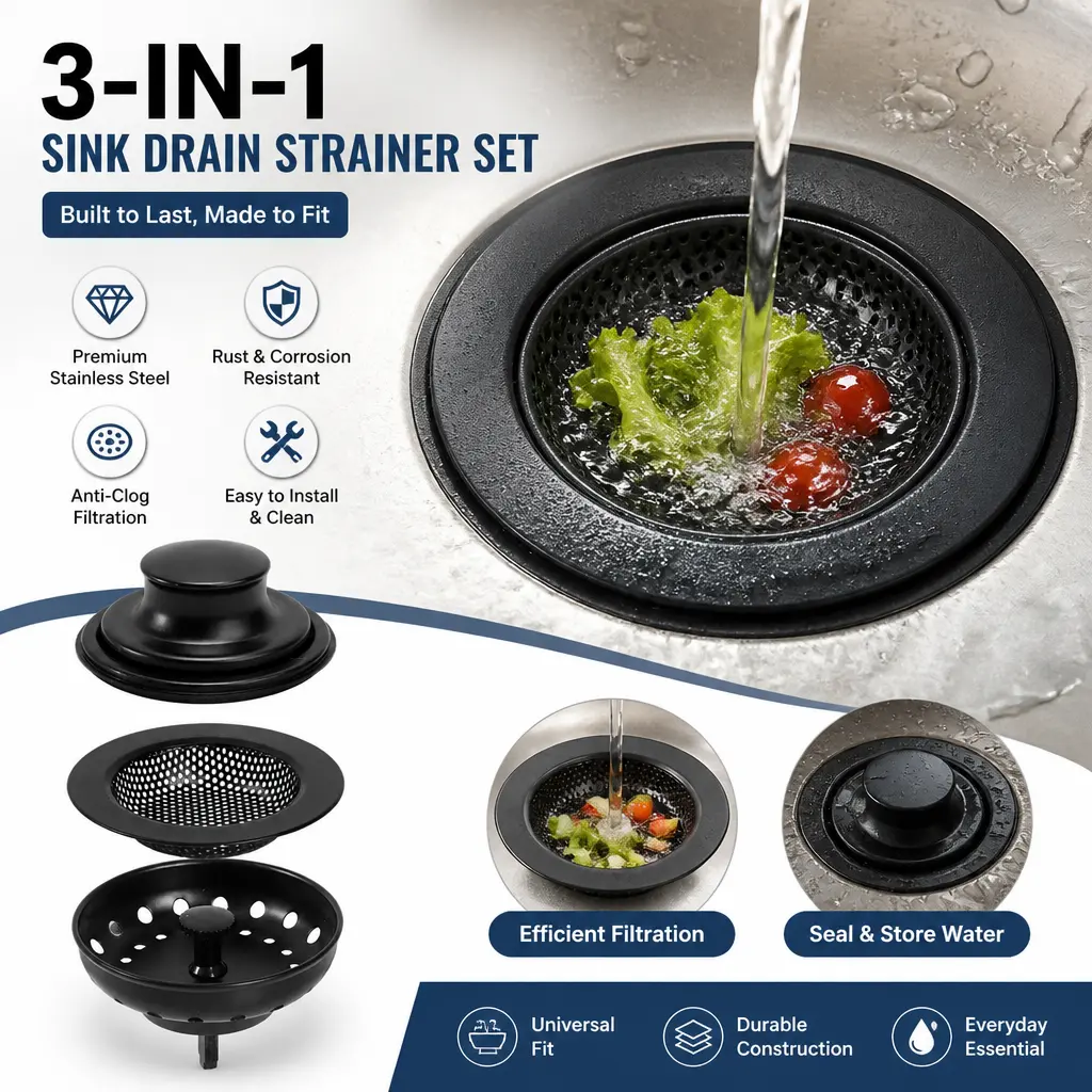 3 Pack Stainless Steel Kitchen Sink Drain Strainer - 2-in-1 Mode Dual Function Stopper, Anti-Clogging Basket Replacement with 3 Gasket Sizes, Fits 3.5 Inch/3.5" Drain Openings, Durable, Easy to Clean