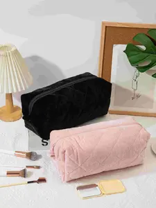 Velvet Quilted Makeup Bag, Makeup Pouch, and Options, Large Capacity Rhombus Pattern, Soft Fluffy Travel Wash Kit, Women's Portable Zipper Cosmetic Organizer, Cosmetics Bag, Cosmetic Travel Bags