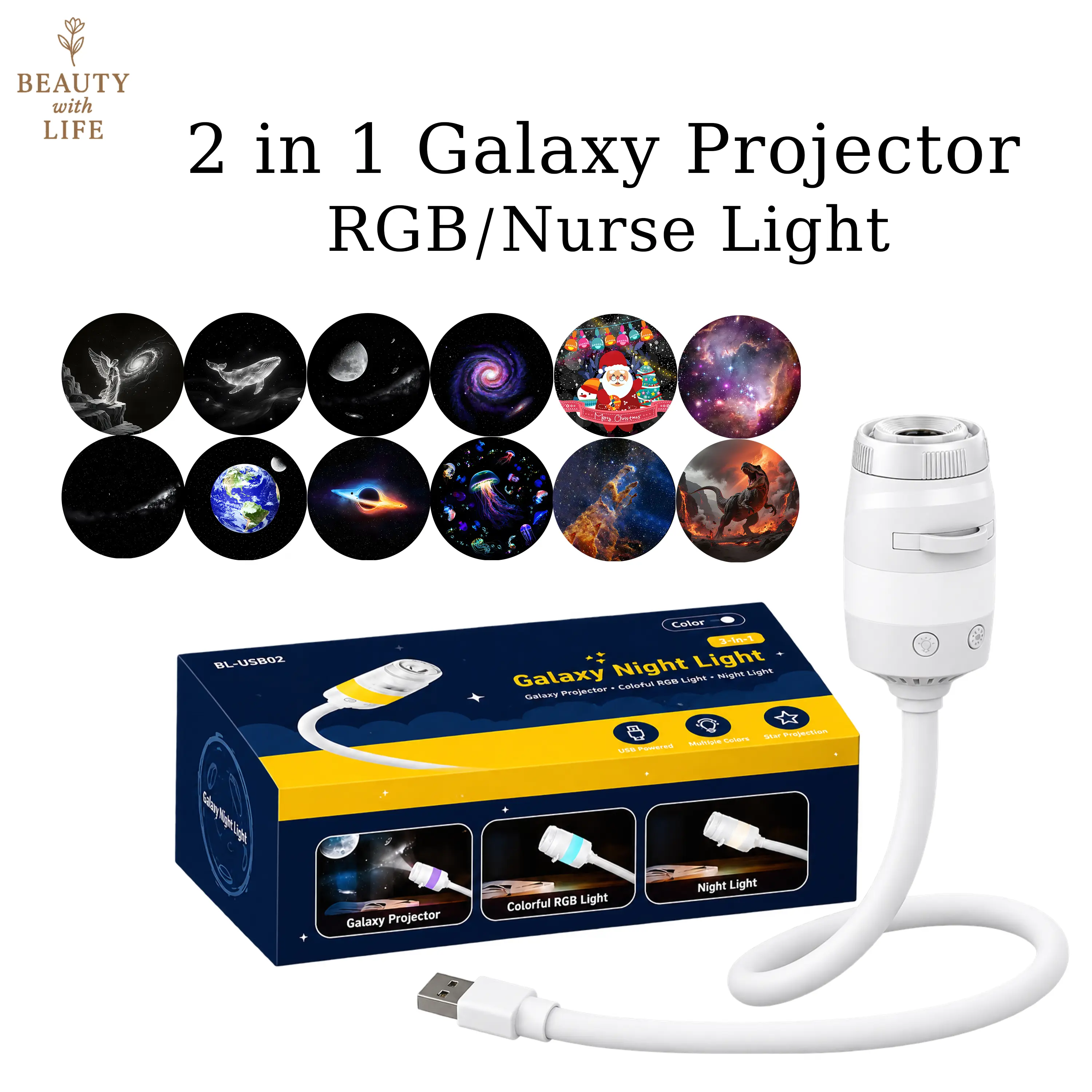 2-in-1 Galaxy Projector Night Light, USB-Powered LED Ambient Lamp with Moon & Galaxy Projection, 360° Adjustable, for Bedroom, Home Decor, Kids' Sleep & Holiday Gift (Christmas, Halloween)