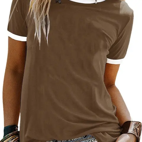 Women's Contrast Trim Crew Neck Fitted Basic Tee, Casual Short Sleeve T-shirt for Summer, Ladies Clothes for Daily Wear, Summer Tops, Casual Tee Shirts, Womenswear