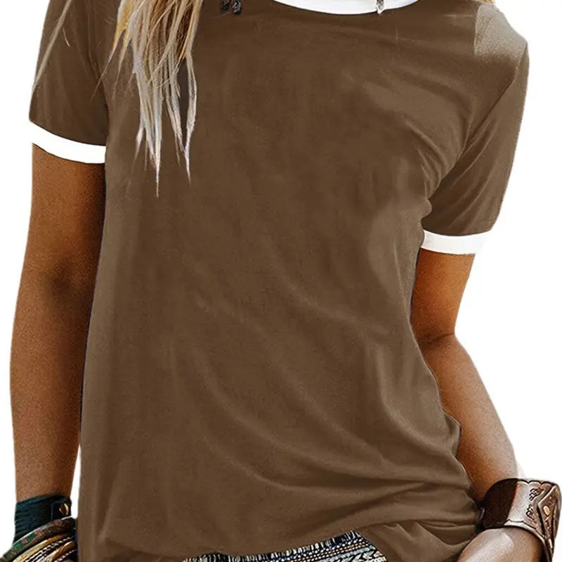 Women's Contrast Trim Crew Neck Fitted Basic Tee, Casual Short Sleeve T-shirt for Summer, Ladies Clothes for Daily Wear, Summer Tops, Casual Tee Shirts, Womenswear