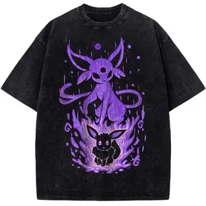 PKM Espeon Umbreon Celestial Shadow Creature Vintage Washed T-Shirt – Purple Fantasy Aesthetic Graphic Tee