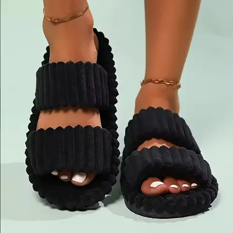 Women's Fluffy Casual Slippers - Anti-Slip EVA Sole Footwear, Soft Cushioned Plush Lining, Lightweight Easy-Clean Design House Shoes, All-Season Fabric for Home Use (Black/Beige)