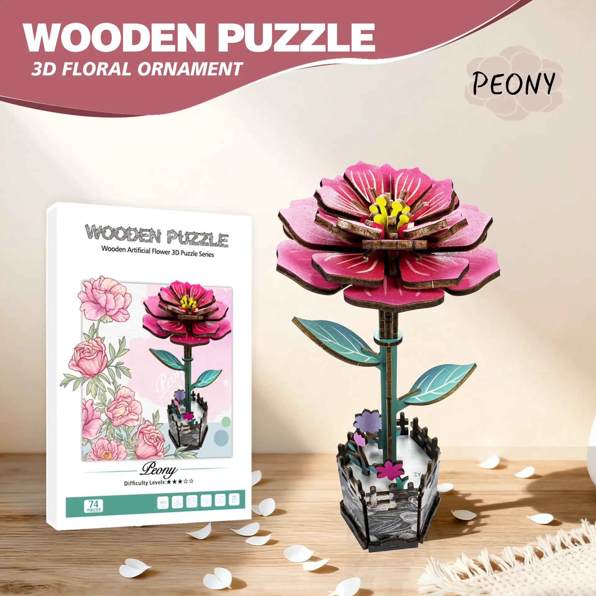 3D Wooden Peony Flower Puzzle for Adults - 74-Piece Botanicals DIY Building Kit, Decorative Wooden Pieces 3-D Puzzles, Pink&Blue Summervibes Handmade Craft, Holiday Housewarming Gift, Botanical Art Collection, 3D Wooden 3-D Puzzles