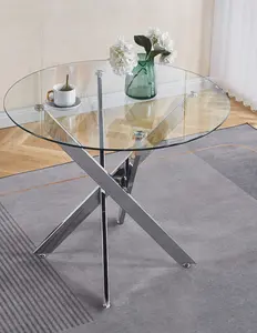 【GOOGREAT】Dining Table with cross metal leg and tempered glass,Modern Space Saving Kitchen Table for Living Room,chrome legs