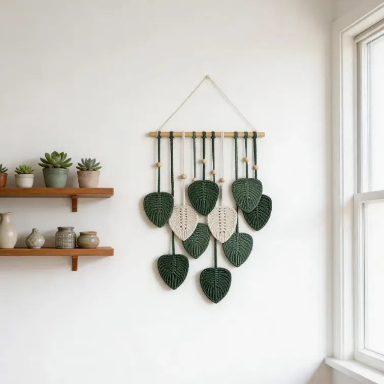 Bohemian Leaf - Shaped Woven Wall Hanging 39x15" | Handmade Macrame Tapestry with Wooden Beads | Green Boho Decor for Living Room, Bedroom | Perfect Gift for Wedding, Christmas, Halloween & More