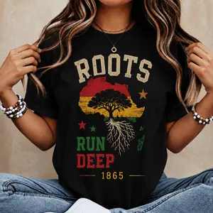 Women's Casual Short Sleeve Roots Run Deep 1865 Graphic T-Shirt - Womenswear Juneteenth Black History Freedom Tree Print Retro Summer Streetwear Top for Daily Wear & Celebrations, Tshirt