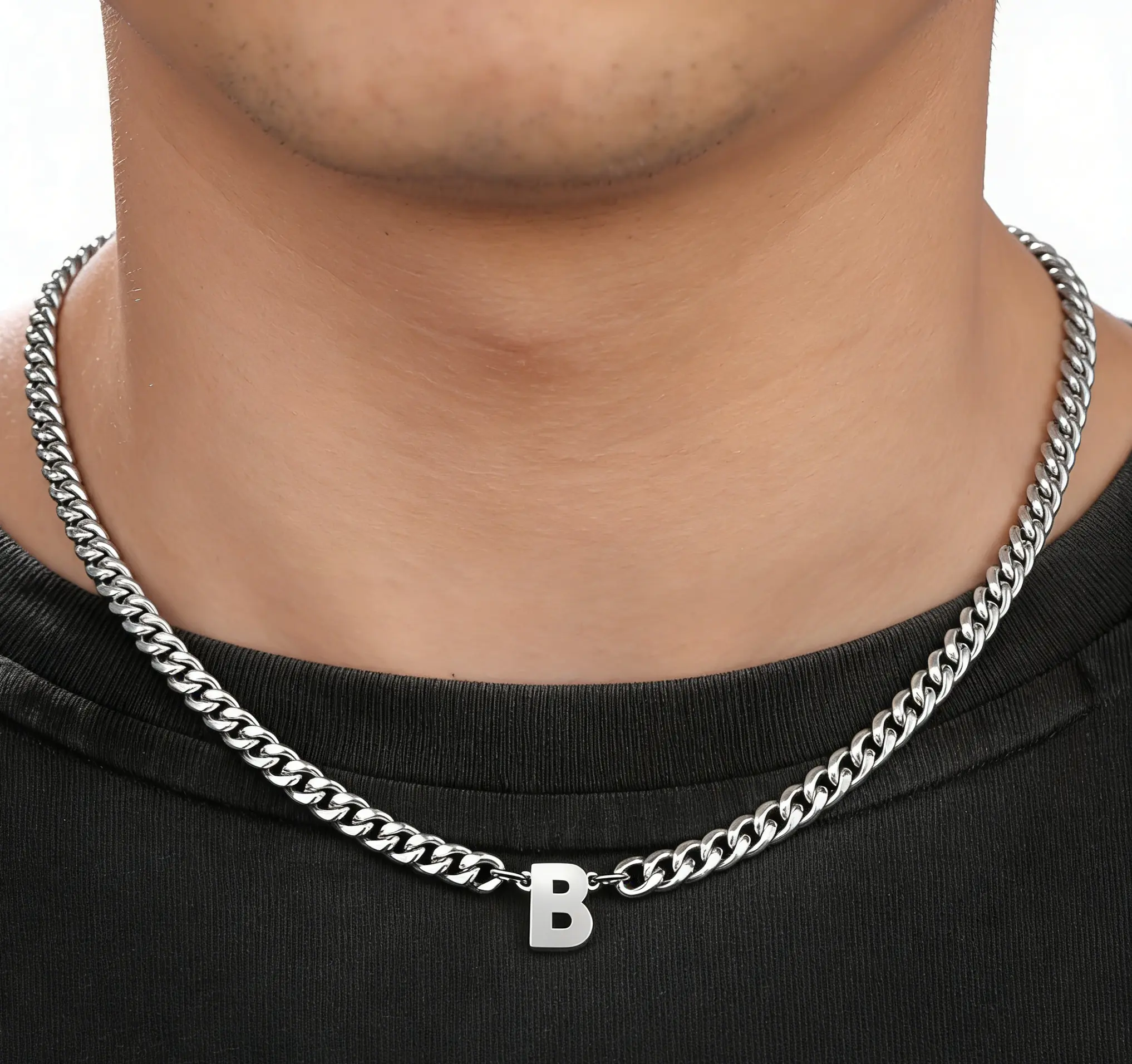 Hip Hop Cuban Chain Initial Letter Titanium Steel Cuban Chain for Men & Women
